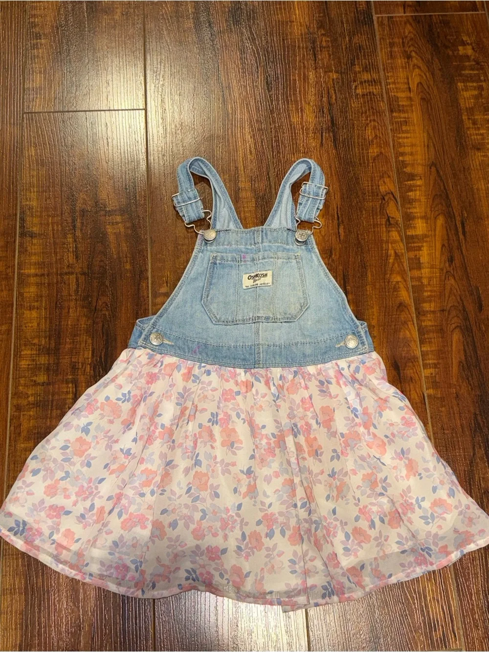 OshKosh B'gosh Light Blue Denim Overall Dress with Pink Floral Skirt